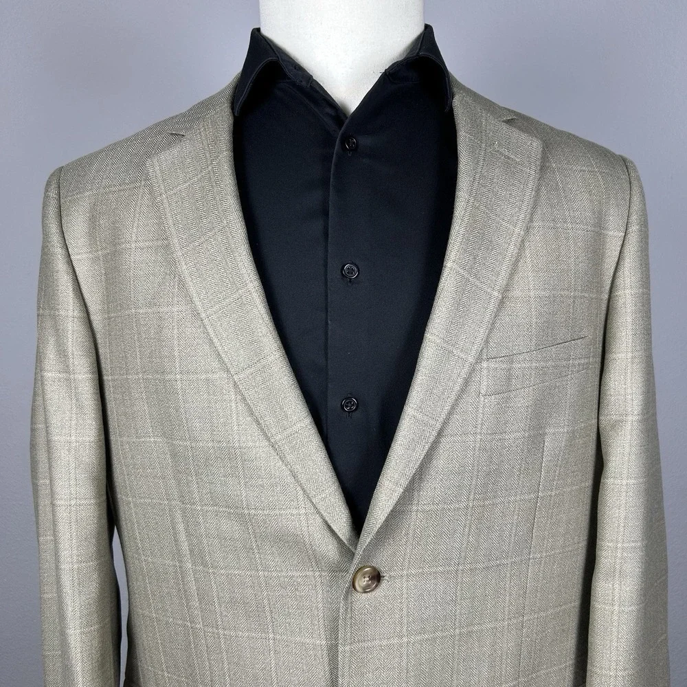 Pronto Uomo Men's Sport Coat Blazer 44R Beige Taupe 100% Wool Herringbone 2Btn